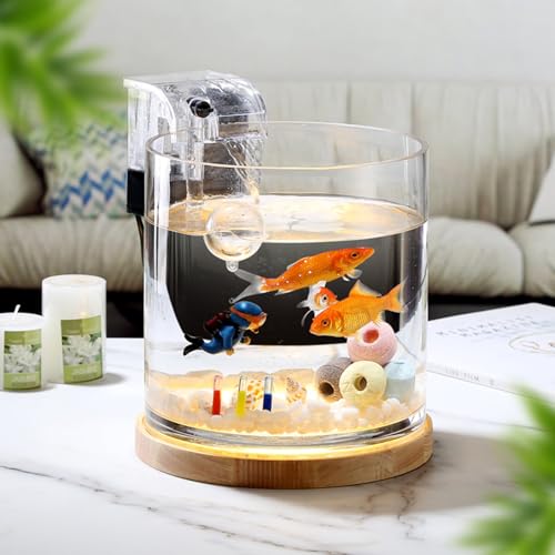 Aquarium Starter Kit: 3-Liter-Fischbecken für Anfänger, zylindrische Betta-Fischschale mit Holzsockel, LED-Licht, Wasserpumpe und Zubehör, selbstreinigender Filter