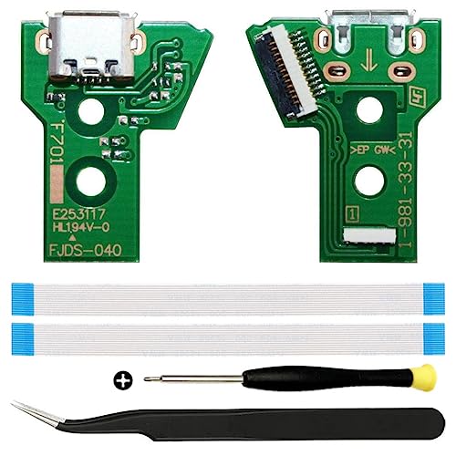 ZHUROUPU JDS-040/JDM-040 Ersatz Micro USB-Ladeanschluss-Adapter Reparaturanlade-Ladegerät Schaltkreis mit 12 Pin Flex-Kabel und LED-Leuchte für PS4 Wireless Controller