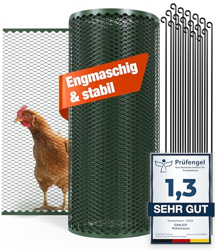 DANJOY Hühnerzaun I 90cm hoch I 25m lang I Der Zaun für Hunde oder Kleintiere ist besonders engmaschig, stabil - kein Durchhängen I 20x Befestigungen I Hundezaun Garten - Grün