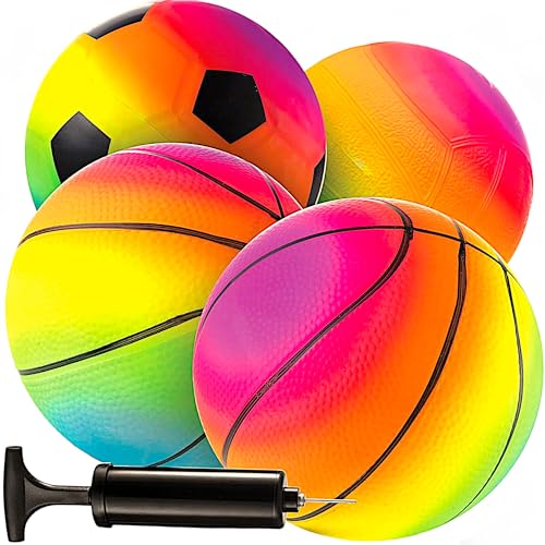 Mini-Regenbogen-Sportbälle – 12,7 cm, 4 Stück, Aufblasbarer Vinyl Ball für Kinder und Kleinkinder mit Handluftpumpe, Neon Basketball, Fußball und Volleyball für Spielplatz, Innen- und Außenbereich