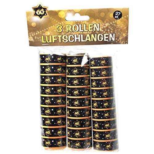 Udo Schmidt 13008 - Luftschlangen aus Papier 3 Rollen je 9 Stück - schwarz / gold - Zahl: 60 Geburtstag