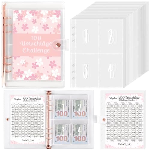 SKYDUE 100 Envelope Saving Challenge Deutsch, A5 Budgetplaner Mit Challengers Tracker & Pre-numbered Taschen, Sparbuch Für Geld Challenge, Sparbuch Für Budget Binder,Ringbuch A5 Rosa