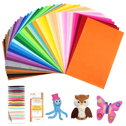 40 Farben Bastelfilz, 20 x 30 cm Filzstoff, Polyester Felt Fabric Filzplatten mit Bunter Stickgarn und Nähnadel, Farbig Filz Blätter zum DIY Handwerk Nähen Projekte Manual Decoration