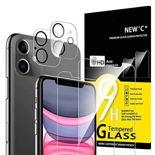 NEW'C 4 Stück, 2 x Panzer Schutz Glas für iPhone 11 und 2 x Kamera Panzer Schutz Glas für Kameraschutz - kratzfest - keine Luftblasen - extrem widerstandsfähig - 9H-Härteglas