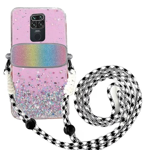 Tivenfezk Nadoli für Xiaomi Redmi Note 9 Glitzer Handykette Hülle,Silikon Bling Durchsichtig Crossbody Tasche zum Umhängen Schutzhülle mit Telefon Clip Halter Band