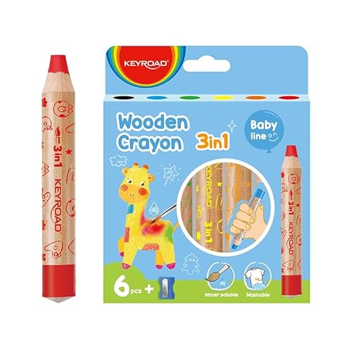 Keyroad JUMBO 3 in 1 Holz Wachskreiden/Aquarell- Wachsmalstifte Wasserlöslich-6 Stück plus ein Spitzer/Buntstifte für Kinder Junge Erwachsene/Kindersicher Ungiftig,KR972328,Mehrfarbig