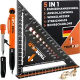 5-in-1 Zimmermannswinkel Winkelmesser Anschlagwinkel - Inkl. Tieflochmarker - Aluminiumwinkel mit 180 mm Schenkellänge zum präzisen Anreißen & Zeichnen/Multifunktional Weihnachtsgeschenke für männer