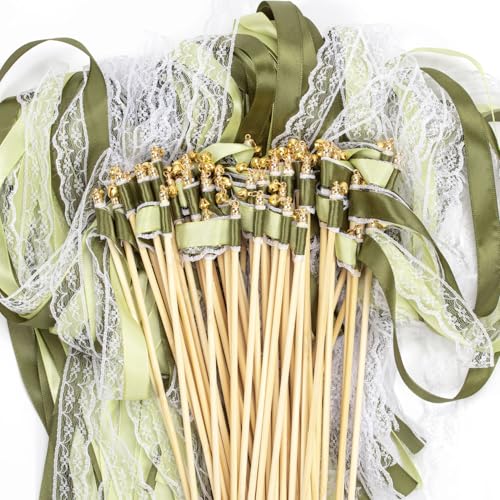 50 Stück Wedding Wands, Wedding Wands Sitzplan Hochzeit Luftschlangen mit Groß Glöckchen und Hochzeitsbändern, Zauberstäbe Seidenfeenstab für Hochzeiten, Geburtstage,Feiertagsfeiern (Grün)