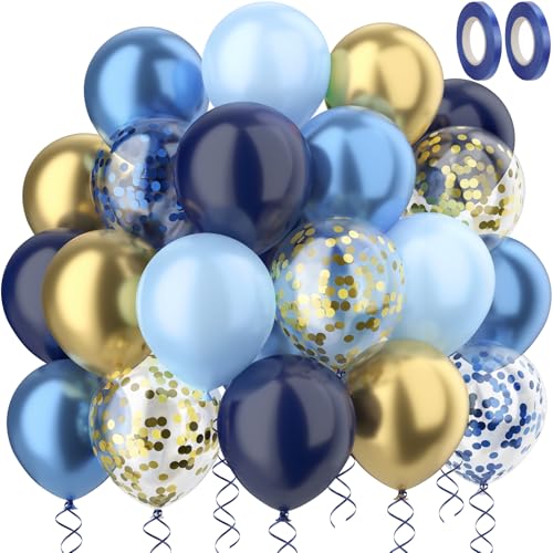 RISEMART Luftballons Navy Hellblau Gold, luftballons hochzeit Set 60 Stück 30cm Helium Ballons mit 2 Rollen Band als Geburtstag Jubiläum Party Dekoration Graduierun