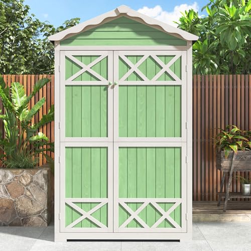 DRIXNO Outdoor Holz Gartenmöbel Aufbewahrungsschuppen, Werkzeughaus für Garten, Terrasse, Verblassungsfrei, Wetterfest, Sicher und Geschützt, Wartungsfrei, Umweltfreundlich, Grün