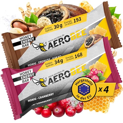 AEROBEE Energieriegel - Powerriegel Probierpaket - 2x Honig, Erdnuss & Kakao + 2x Honig & Cranberry - Haferriegel ohne Zucker idealer Ausdauer- & Energieriegel, Wandernahrung + Mahlzeitenersatz Riegel