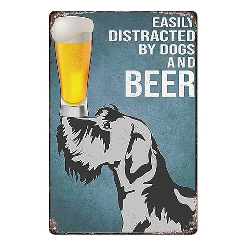 Wanddekoration Blechschild Miniatur Schnauzer Leicht abzulenken durch Hunde und Bier, Metall-Blechschild für Zuhause, Wohnzimmer, Garten, Schlafzimmer, Büro, Hotel, Café und Pub, Wanddekoration, 20 x