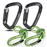 Karabiner Klettern Kletterausrüstung, 2 Stück UIAA-Zertifiziert 25KN Auto Locking Kletterkarabiner Clips +2 Stück 23KN Nylon Seil, geeignet für Klettern, Bergsteigen, Wandern, Notfallausrüstung