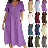 Lässiges Baumwoll-Leinen-Kleid mit V-Ausschnitt und Knopfleiste für Damen, einfarbiges Kurzarm-Maxikleid aus Baumwoll-Leinen in Übergröße mit Tasche (Purple,5XL)