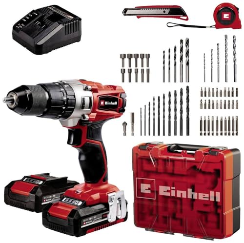 Einhell Akku-Schlagbohrschrauber TE-CD 18/2 Li-i +64 (2x2,0Ah) Power X-Change (Li-Ion, 18 V, 44 Nm, 2-Gang-Getriebe, inkl. 2x 2,0 Ah Akkus, Ladegerät, Koffer, 64-tlg. Zubehör-Set)