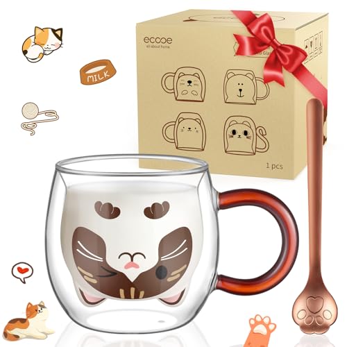 ecooe Katzen Tasse Süße Doppelwandige Gläser 280ml Latte Macchiato Gläser Cappuccino Tassen Katze Kaffeetasse Doppelwandig Kaffeeglas Teegläser Geburtstag Valentinstag Geschenke für Frauen Kinder