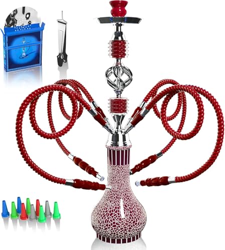 Shisha Komplettset mit 4 Schläuchen, 22'' Großes Shisha Kit für bis zu 4 Personen mit allem inklusive, Keramikschüssel | Premium-Schlauch| Schöne Glasvase (Rot Q1)