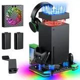 Automatischer Lüfter und Ladestation Zubehör für Xbox Series X Konsole&Controller, temperaturgesteuertes Lüftersystem und Ladeständer mit 11 RGB-Lichtern, 2 wiederaufladbaren Batterien, Headset Haken