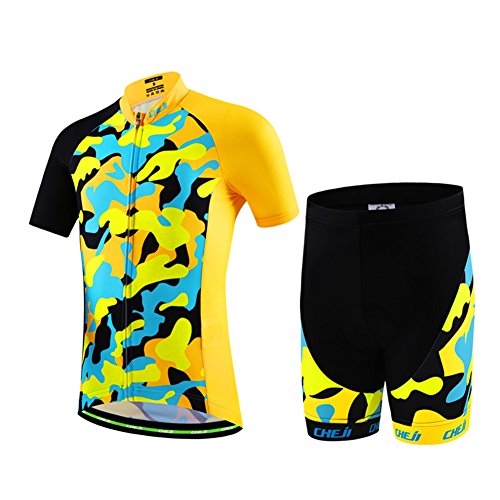 SXSHUN Radtrikot Set 2tlg Kinder atmungsaktiver Fahrradanzug Kurzarm Fahrradhemd + mit Sitzpolster Radhose schnell trocknendem Material Jungen Mädchen, gelb Tarnung, 134-140