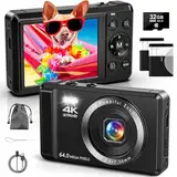 4K Digitalkamera mit 32 GB TF-Karte 64 MP Autofokus Fotoapparat mit 16X Digitalzoom Tragbar Kompaktkamera mit wiederaufladbare 2 1200mAh Batterien, USB-Kabel, für Teenager Erwachsene Anfänger