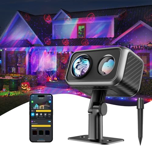 Govee Outdoor Laser Projector, Aurora Nordlicht Projector für Halloween Deko,16 RGB-Modi, Dreifarbiger Sportlaser, RGBW Aurora Lampe, 50+ Festliche und Alltägliche Szenenmodi, Funktioniert mit Alexa.