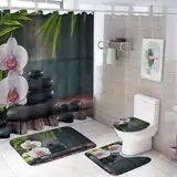 CAEITLRSO Orchidee Steine Duschvorhang 180cm X 200cm Spa Hintergrund Badezimmerteppich 4-teiliges Set, Shower Curtains Wasserdicht Duschvorhang Mit Teppichen 4-teiliges (180cm X 200cm(BxH))