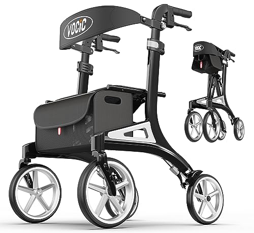 VOCIC Rollator faltbar und leicht mit Sitz Wasserdicht Aluminium Rollator leicht klappbar für Senioren Rollatoren leichtgewicht und faltbar spezial, Pannensichere All-Terrain-PU-Reifen, Schwarz