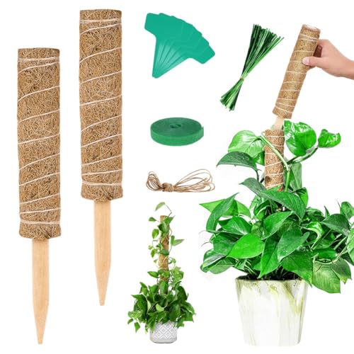 Vicloon Moosstab, 2 Stück 30CM Pflanzstab Kokos, mit 5 Pflanzenetikett, 1 Rolle Klettverschluss, 94 Seile, Kokosstab für Pflanzen aus natürlicher Kokosfaser, Kokos Rankhilfe, Rankhilfe Monstera Kokos