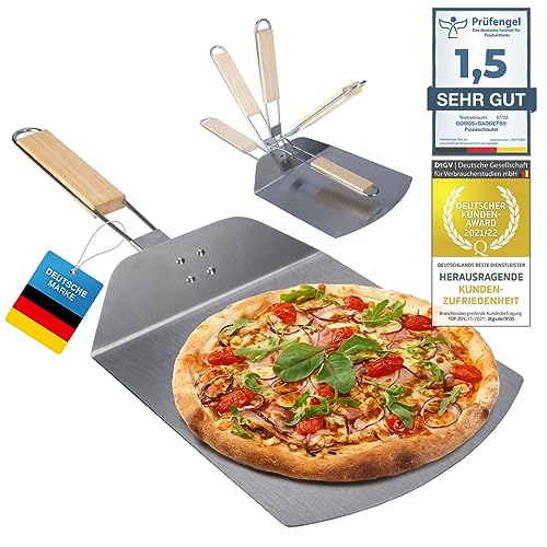 Profi Pizzaschaufel XXL, Aluminium Pizzaschieber Pizzaheber Brotback-Schieber platzsparendes Premium Modell Holz-Griff, eckiger Brotschieber Must-Have Zubehör für Pizzabäcker (Klappbarer Griff)