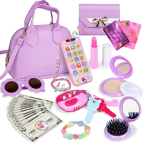 Learn2M Handtasche für Kinder Mädchen,Mein Erstes Vortäuschen Handtasche für Kleine Mädchen mit Geldbörse Make-up Handy Sonnenbrille Schminkspielzeug und Mehr für Kinder ab 3 Jahren Geschenkidee Lila