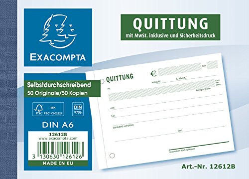 Exacompta 12612B Selbstdurchschreibeformulare (für Quittung, mit MwSt. inklusive, DIN A6, 10,5 x 14,8 cm, 2 x 50 Blatt) 2 Stück