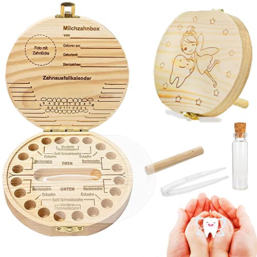 QXNDXQ Zahnbox Holz, Zahndose,Deutsch Milchzähne Box, Aufbewahrungsbox für Baby-Zähne, Mädchen Jungen Souvenir Box, Baby Geschenke zur Geburt (Feenmuster)