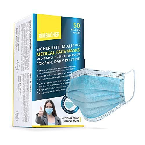 Rimbacher Mund-Nasenschutz-Masken Einweg-Artikel, Effektiver Mund- und Nasenschutz, Maske 3-lagig aus Vlies, Atemschutz Produziert in Deutschland, 50 Stück