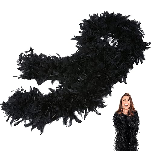 Schwarz Federboa,Boa für Damen und Mädchen,80g 2m/6.6ft Natürliche Truthah Feder-Boa,Schwarz Federboa Halt für Straßenfasching,Geburtstagsfeier,Konzert,Karneval,Tischdeko, Halloween,Weihnachtsfeier