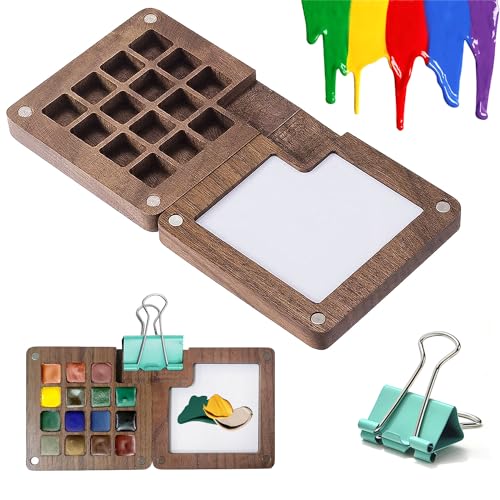 15 Raster Mischpalette Palette Wet Palette Mischen Palette Malen Skizzenbuch Palette aus Holz Mini Reise Skizzenbuch aus Holz mit 1 Clip für Aquarellmalerei