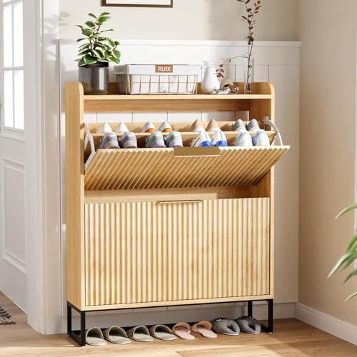 LEADZM Schuhschrank schmal,Schuhkipper mit 2 Flip-Schubladen Schuhregal mit Metallfüßen Trennwand verstellbar für den Eingang, Flur, Wohnzimmer 80x24x101cm (Eiche)