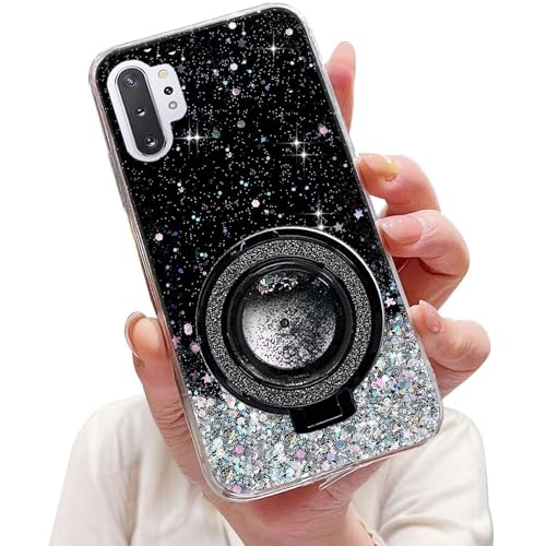 Tivenfezk Nadoli Sparkle Treibsand Ständer Hülle für Samsung Galaxy Note 10 Plus,Versteckt Ständer Ring Klar Glitzer Stern Handyhülle Durchsichtig Bling Schutzhülle Case Cover,Schwarz