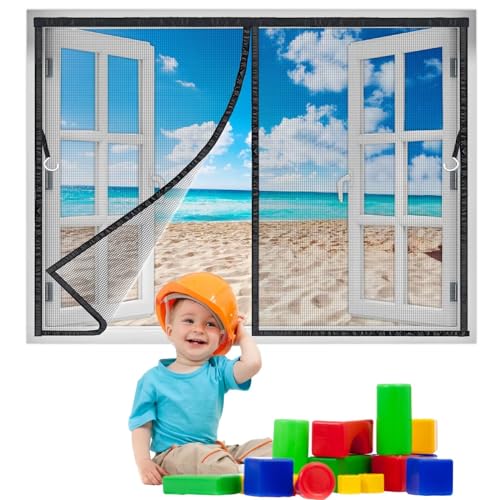 VERDICKTER Fliegengitter Fenster 165x145 cm, Moskitonetz Fenster Magnet Vorhang Insektenschutz für Fenster und Fenster Kinderleichte Klebemontage Ohne Bohren Schwarz Neuste-Version