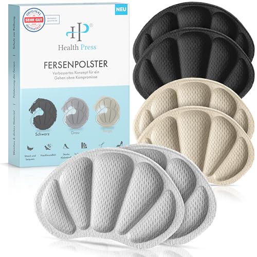 Health Press® Fersenpolster Schuhe – Premium Fersenschutz Fersenkissen – 3 Paar Schuheinlagen in Schwarz, Grau, Beige – Antirutsch Einlagen für große Schuhe – Fersenschutzpolster gegen Reibung, Blasen