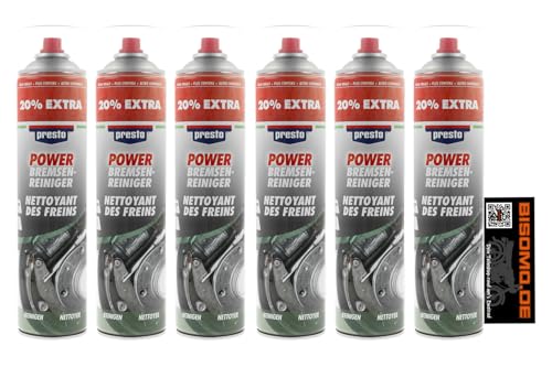6x 600ml Presto Power Bremsenreiniger Teilereiniger Motor Kupplung Vergaser, entfernt Öl Fett Bremsstaub, acetonfrei + Bisomo-Sticker