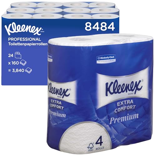 Kleenex Premium Toilettenpapier Rolle 8484, WC-Papier 24 Rollen x 160 wattierte Blätter, Klopapier 4-lagig, 100% reine Faser, hochwertig, reißfest und weich