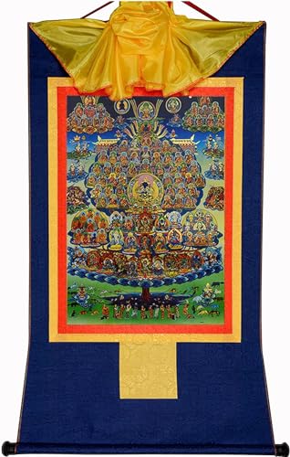 Tibetische Thangka Malerei, Karma Kagyu auf Zufluchtsbaum, Kamtsang Kagyu, Gyalwa Karmapa, tibetische Thangka-Malkunst, buddhistischer Buddha-Wandteppich mit Schriftrolle ( Color : Blu , Size : Small(