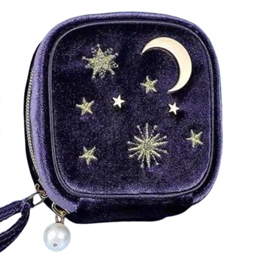 xbiez Moon Star Stickerei-Etui mit Fächern, kleine Schmuck-Präsentationsbox, Schmuck-Organizer mit Trennwänden für Frauen