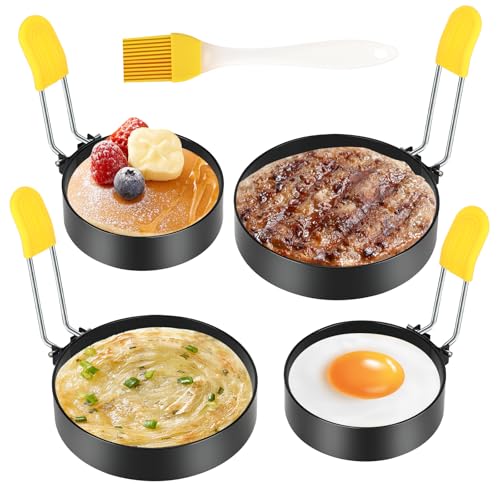 Sprifityy 4 Stück Spiegeleiform, Pancake Form, Spiegeleierformen für Die Pfanne, Omeletts Mit Silikon Klappgriffen und Ölpinsel, Edelstahl Ei Ringe Omelettform für Spiegeleier, Sandwiches, Pfannkuchen