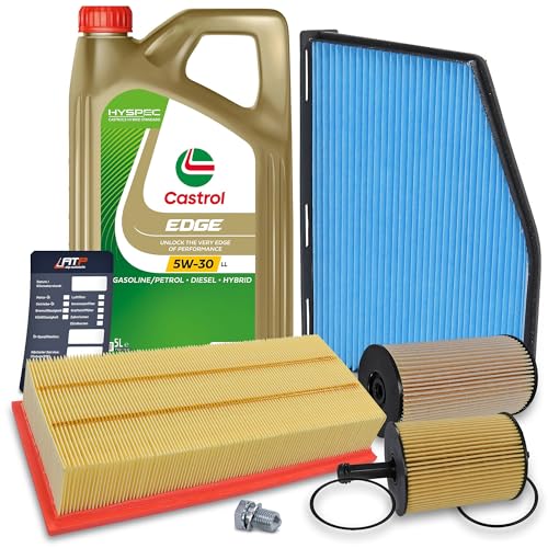 BESTPRICE Inspektionspaket Filterset mit 1x Ölfilter, 1x Innenraumfilter (Aktivkohle), 1x Luftfilter, 1x Ölablassschraube, 1x Kraftstofffilter, 1x Motoröl 5W-30 LL 5 l, 1x Ölwechselanhänger,
