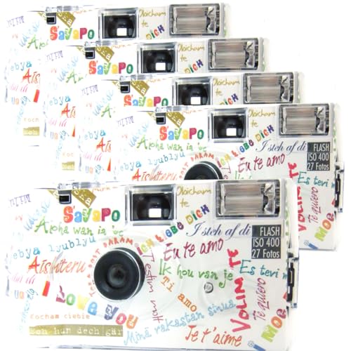 5X 1A PHOTO PORST Einwegkamera Edition I Mog Di in weiß, bunt, mit Blitz, Batterien und Film (5er Pack, je 27 Aufnahmen)