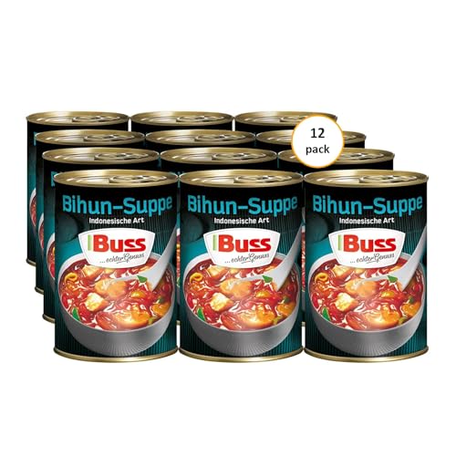 Buss Asia Suppen - Bihunsuppe Original nach indonesischer Art - Milde Asia Suppe mit Paprika, Hühnerfleisch und Glasnudeln - Schnelle Fertiggerichte zum Aufwärmen in Mikrowelle & Topf - 12 x 400g