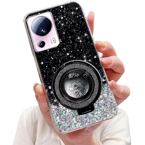 Tivenfezk Nadoli Sparkle Treibsand Ständer Hülle für Xiaomi 13 Lite,Versteckt Ständer Ring Klar Glitzer Stern Handyhülle Durchsichtig Bling Schutzhülle Case Cover,Schwarz