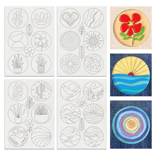BENECREAT 4Sheets 32Pcs BOHO Elemente Wasserlösliche Stickerei, 29.7x21cm Runde Pflanzen Berge Stick und Stich Stickerei Papier Stabilizer Hand Nähen für Hemden, Mäntel, Taschen