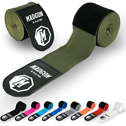 MADGON Boxbandagen in 3m 3,8m 4,5m für Männer und Frauen - Bandagen Boxen für Kickboxen, MMA, Boxer & Sparring mit Beutel - Olive
